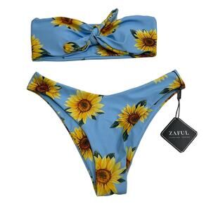 NWT ZAFUL Sunflower Print Knot Bandeau Bikini Set Light Sky Blue Women Size US 4